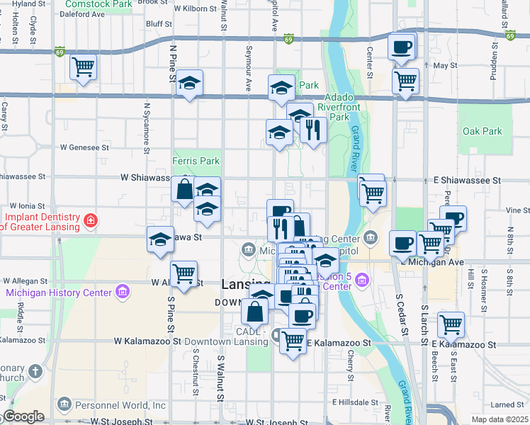 map of restaurants, bars, coffee shops, grocery stores, and more near 227 North Capitol Avenue in Lansing