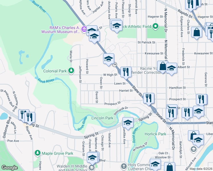 map of restaurants, bars, coffee shops, grocery stores, and more near 2209 Harriet Street in Racine