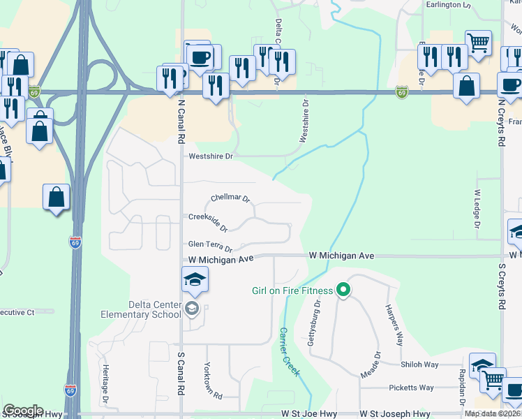 map of restaurants, bars, coffee shops, grocery stores, and more near 7240 Medallion Drive in Lansing