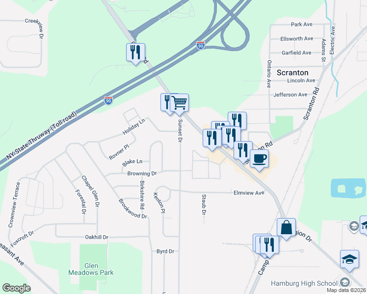 map of restaurants, bars, coffee shops, grocery stores, and more near 432 Sunset Drive in Hamburg