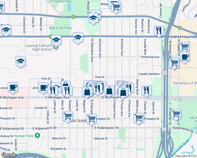 map of restaurants, bars, coffee shops, grocery stores, and more near 312 North Clemens Avenue in Lansing