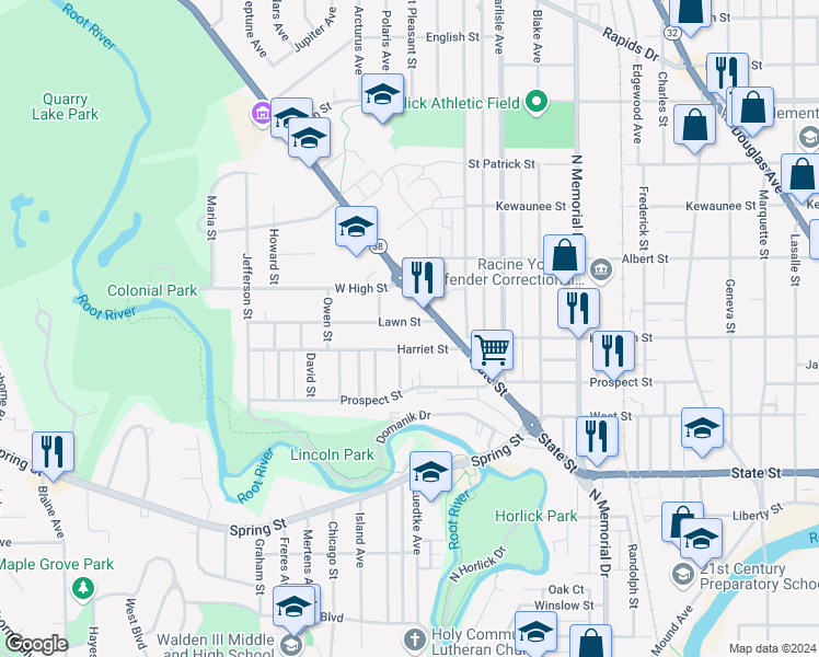map of restaurants, bars, coffee shops, grocery stores, and more near 2003 Lawn Street in Racine