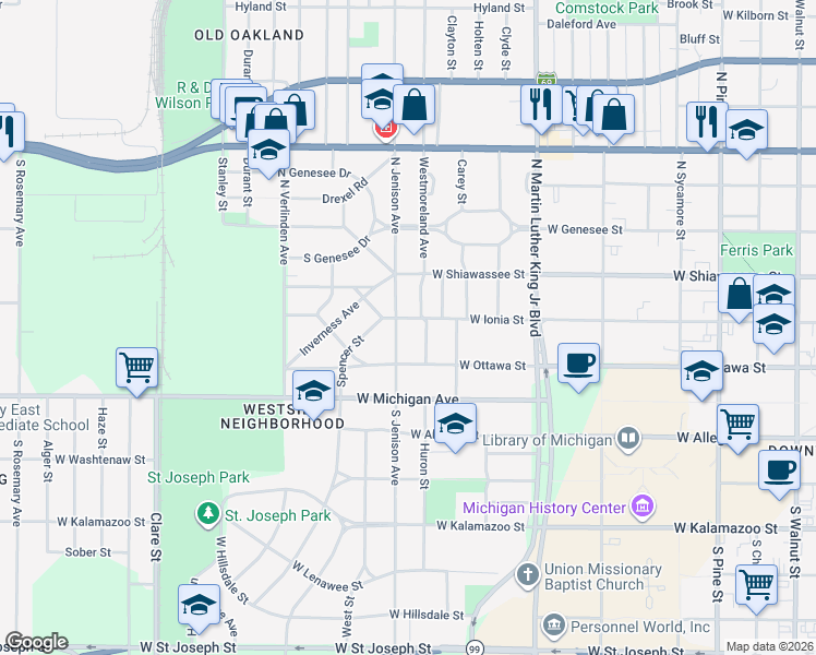 map of restaurants, bars, coffee shops, grocery stores, and more near 1415 West Ionia Street in Lansing
