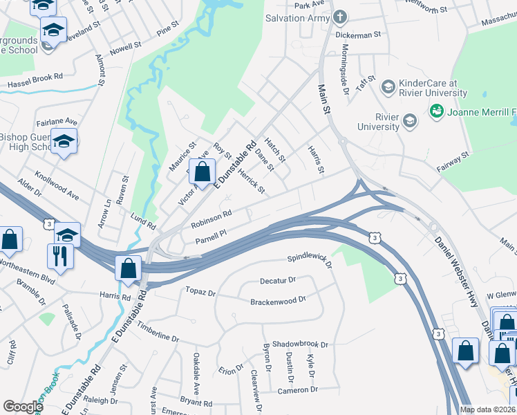 map of restaurants, bars, coffee shops, grocery stores, and more near 18 Herrick Street in Nashua