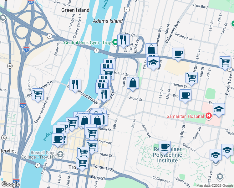 map of restaurants, bars, coffee shops, grocery stores, and more near 5th Avenue & Jacob Street in Troy