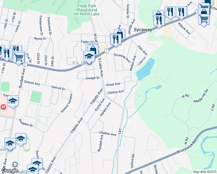 map of restaurants, bars, coffee shops, grocery stores, and more near 5 Prout Avenue in Troy