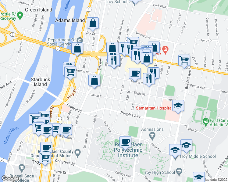 map of restaurants, bars, coffee shops, grocery stores, and more near 145 9th Street in Troy