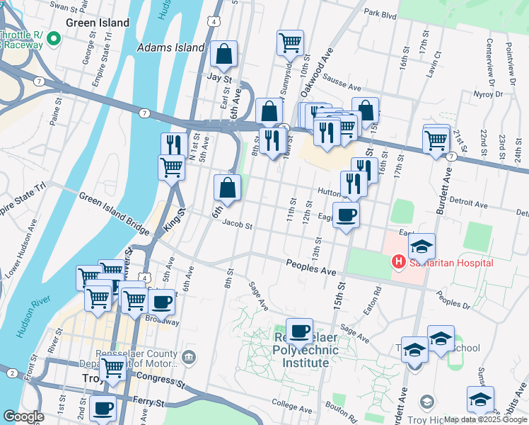map of restaurants, bars, coffee shops, grocery stores, and more near 145 9th Street in Troy