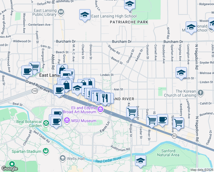 map of restaurants, bars, coffee shops, grocery stores, and more near 352 Collingwood Drive in East Lansing