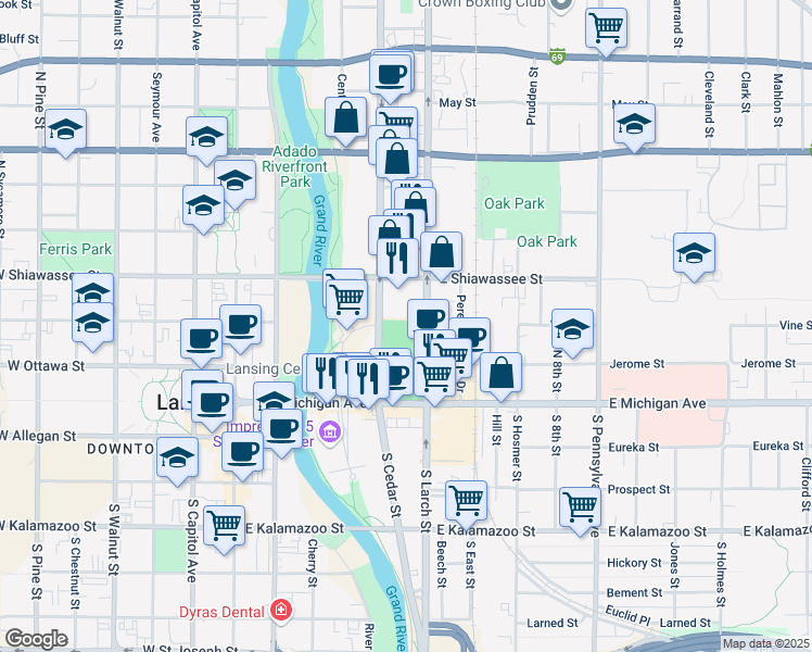 map of restaurants, bars, coffee shops, grocery stores, and more near 316 North Cedar Street in Lansing