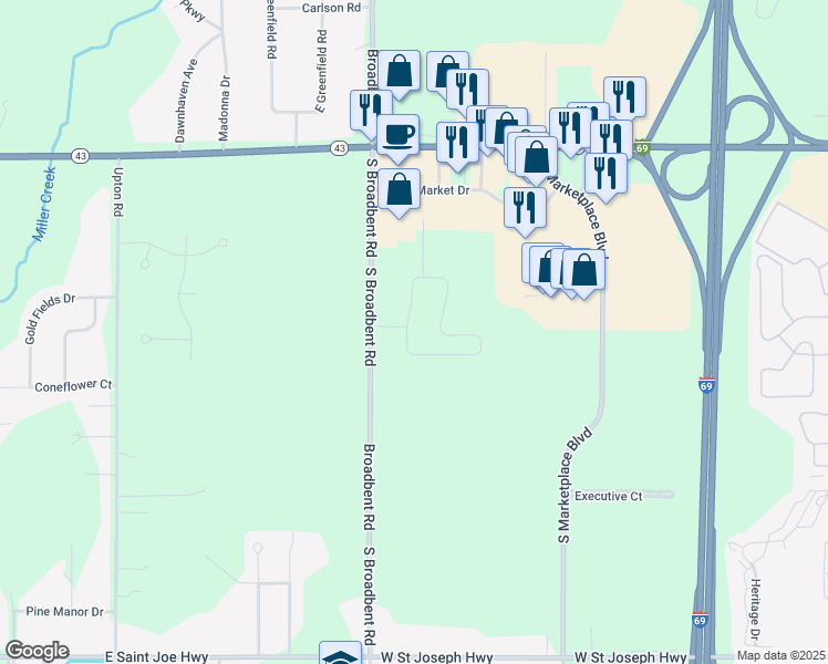 map of restaurants, bars, coffee shops, grocery stores, and more near 314 Barrington Circle in Lansing
