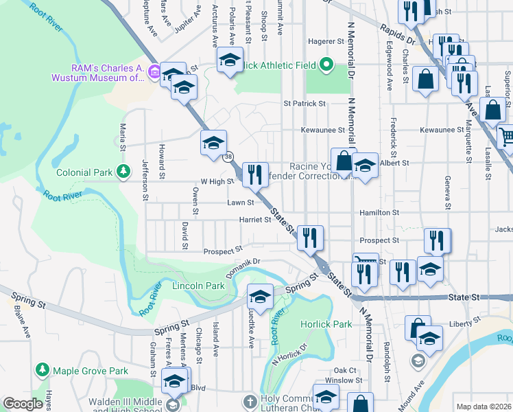 map of restaurants, bars, coffee shops, grocery stores, and more near 1948 State Street in Racine