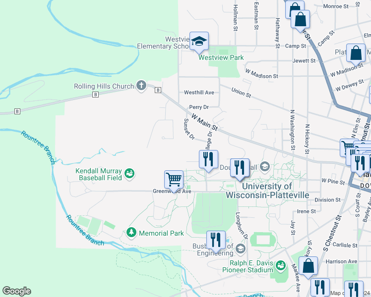 map of restaurants, bars, coffee shops, grocery stores, and more near 1225 Sunset Drive in Platteville