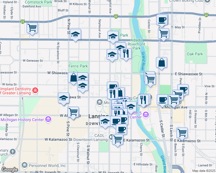 map of restaurants, bars, coffee shops, grocery stores, and more near 227 North Capitol Avenue in Lansing