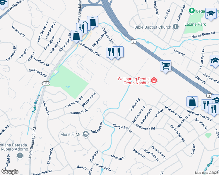 map of restaurants, bars, coffee shops, grocery stores, and more near 4 Henry David Drive in Nashua