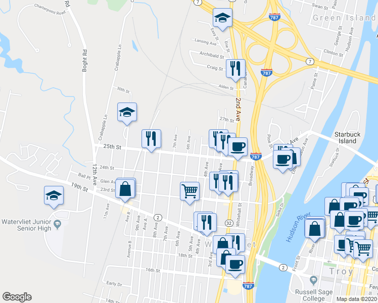 map of restaurants, bars, coffee shops, grocery stores, and more near 2524 Callahan Avenue in Watervliet