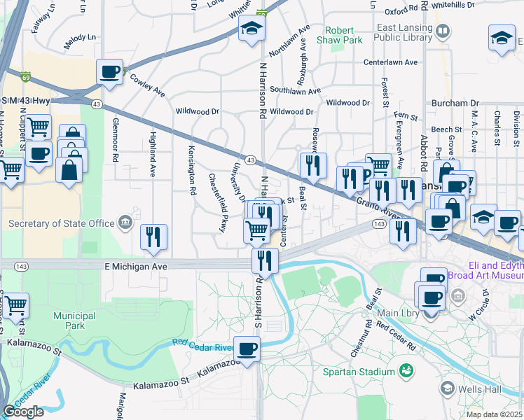 map of restaurants, bars, coffee shops, grocery stores, and more near 315 North Harrison Road in East Lansing