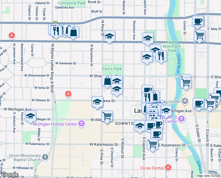 map of restaurants, bars, coffee shops, grocery stores, and more near 322 North Pine Street in Lansing