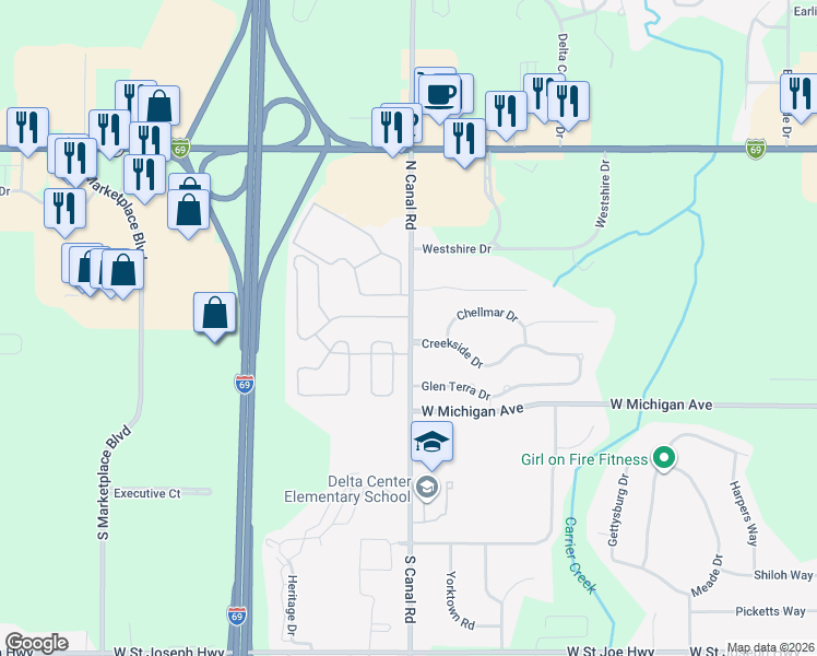 map of restaurants, bars, coffee shops, grocery stores, and more near 328 North Canal Road in Lansing