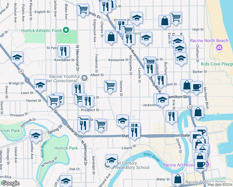 map of restaurants, bars, coffee shops, grocery stores, and more near 1236 Geneva Street in Racine