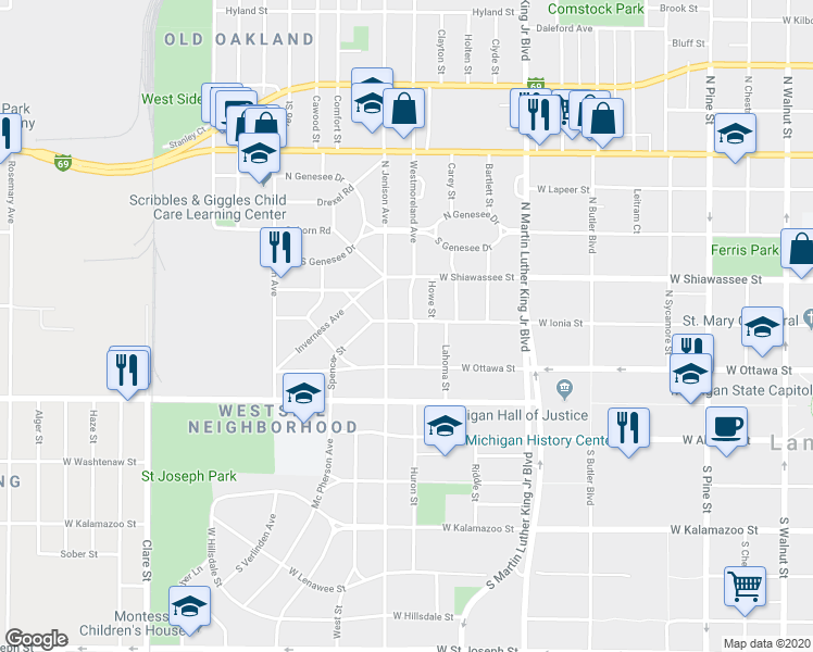 map of restaurants, bars, coffee shops, grocery stores, and more near 1407 W Ionia St in Lansing Charter Township