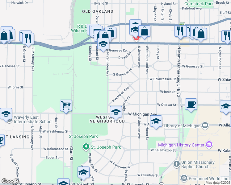 map of restaurants, bars, coffee shops, grocery stores, and more near 307 Memphis Street in Lansing