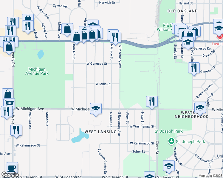 map of restaurants, bars, coffee shops, grocery stores, and more near 230 North Grace Street in Lansing