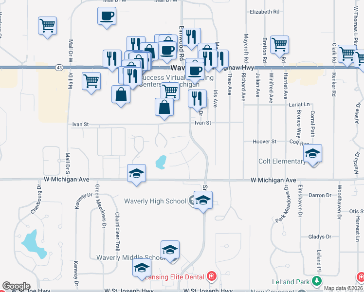map of restaurants, bars, coffee shops, grocery stores, and more near 5117 Dorene Drive in Lansing
