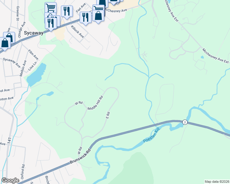 map of restaurants, bars, coffee shops, grocery stores, and more near 60 East Road in Troy