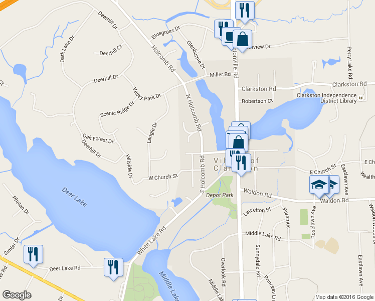 map of restaurants, bars, coffee shops, grocery stores, and more near 105 West Washington Street in Clarkston