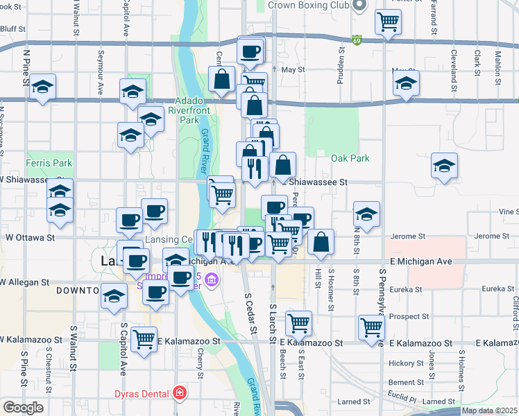map of restaurants, bars, coffee shops, grocery stores, and more near 310 North Cedar Street in Lansing