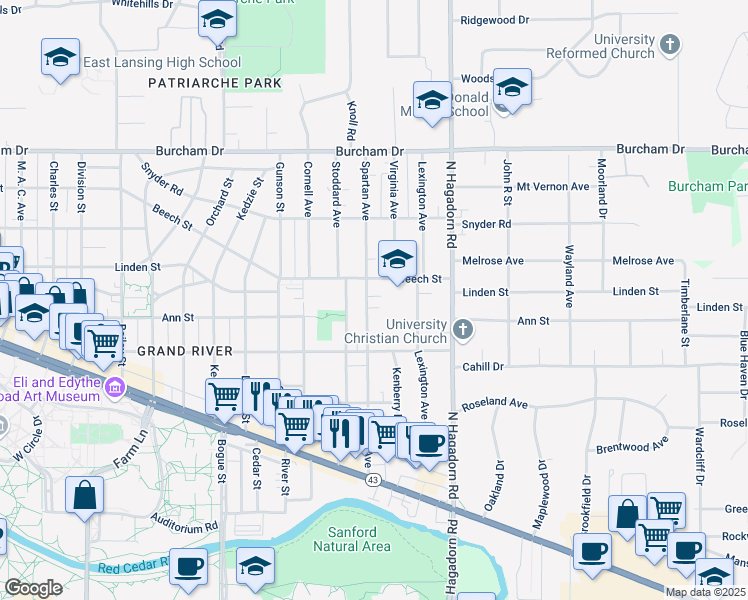 map of restaurants, bars, coffee shops, grocery stores, and more near 428 Spartan Avenue in East Lansing