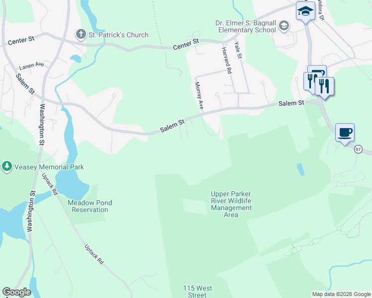 map of restaurants, bars, coffee shops, grocery stores, and more near 46 Nelson Street in Groveland