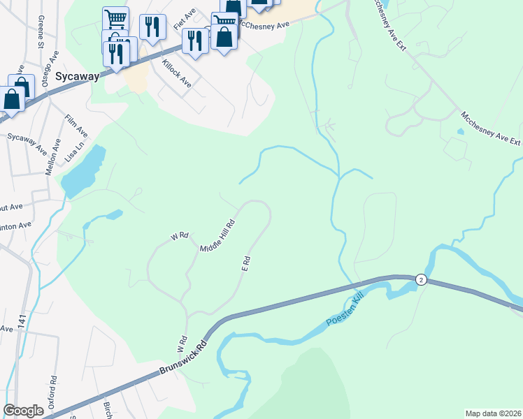 map of restaurants, bars, coffee shops, grocery stores, and more near 60 East Road in Troy