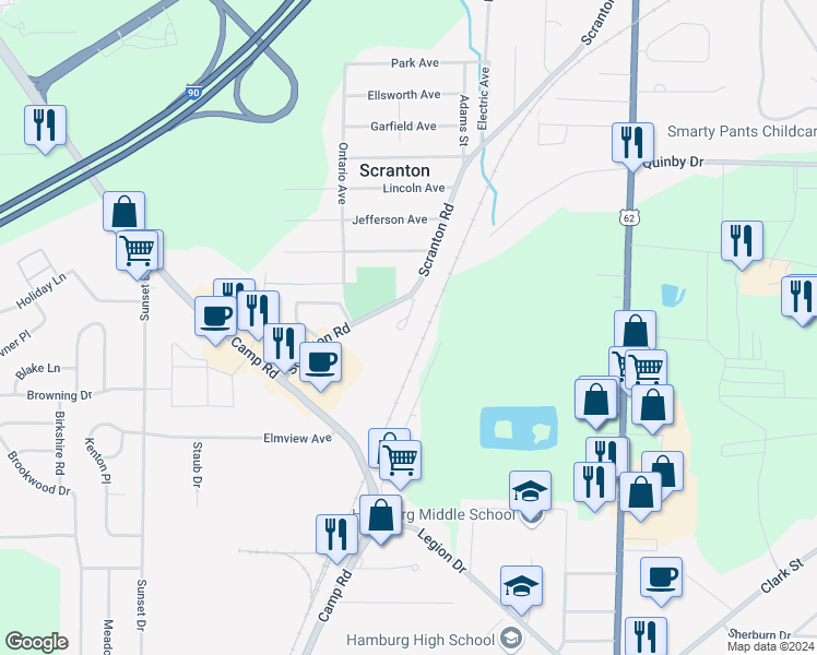 map of restaurants, bars, coffee shops, grocery stores, and more near 5489 Scranton Road in Hamburg