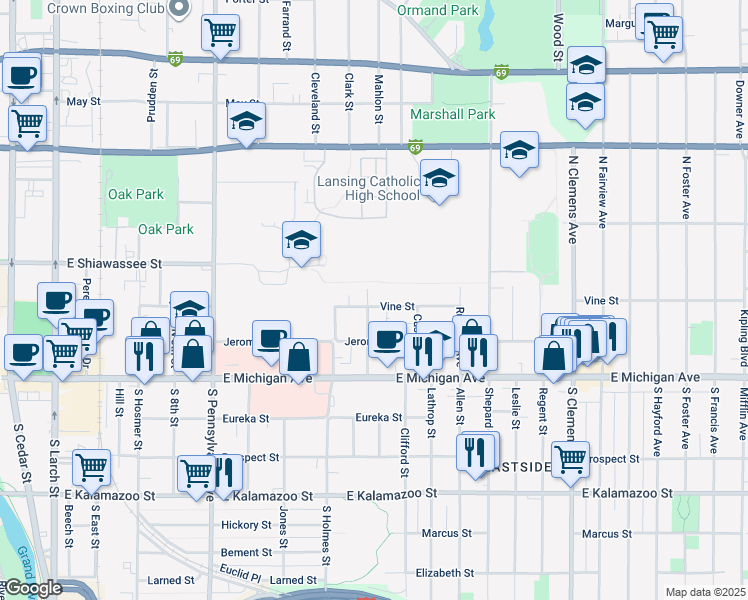 map of restaurants, bars, coffee shops, grocery stores, and more near 316 Ferguson Street in Lansing
