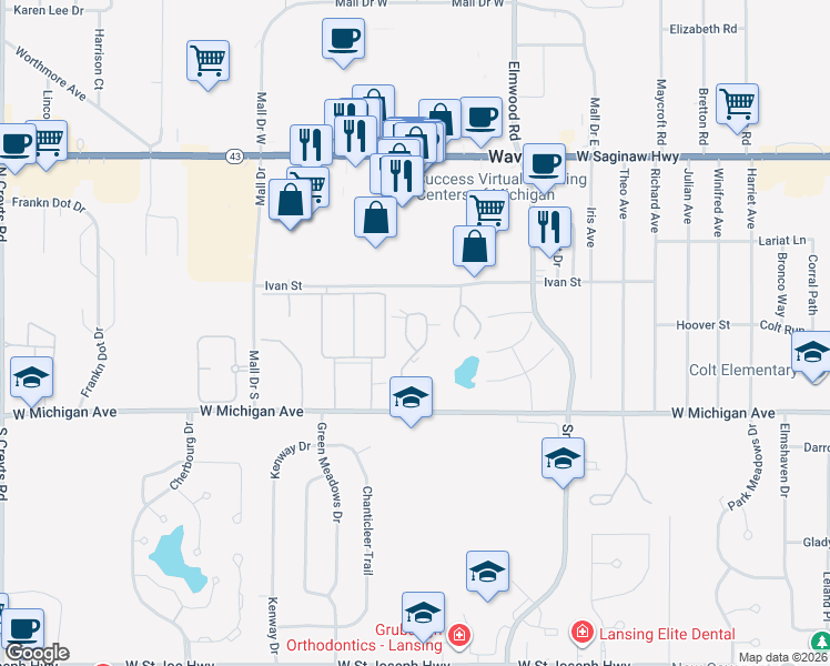 map of restaurants, bars, coffee shops, grocery stores, and more near 201-325 West Drive in Lansing