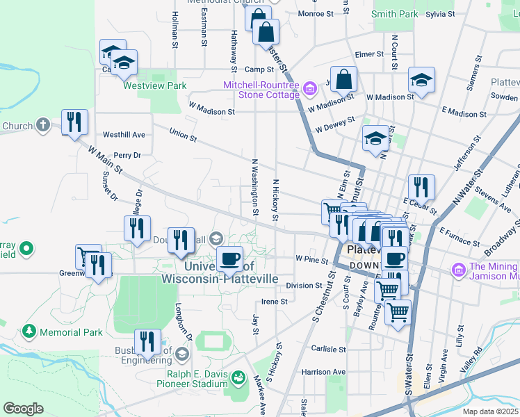 map of restaurants, bars, coffee shops, grocery stores, and more near 175 North Washington Street in Platteville