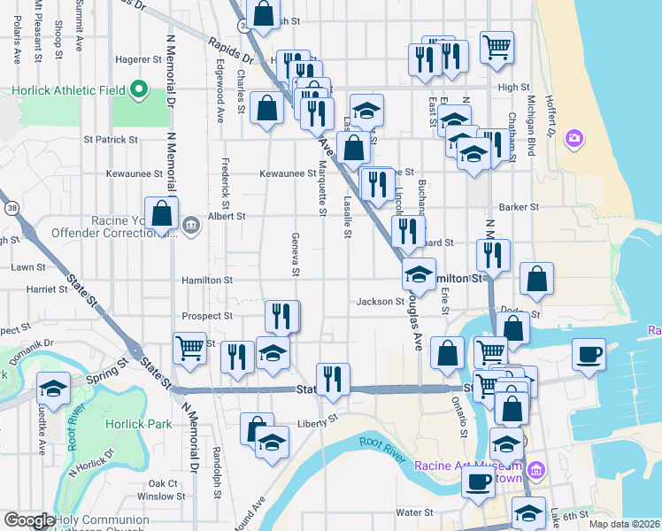 map of restaurants, bars, coffee shops, grocery stores, and more near 1232 Lasalle Street in Racine