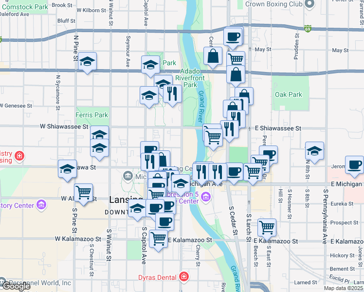 map of restaurants, bars, coffee shops, grocery stores, and more near 300 North Grand Avenue in Lansing