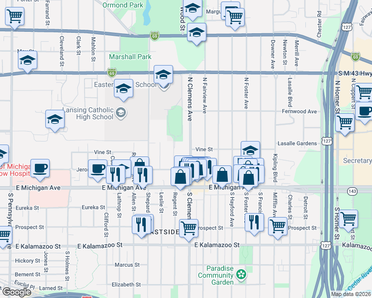 map of restaurants, bars, coffee shops, grocery stores, and more near 250 Horton Street in Lansing