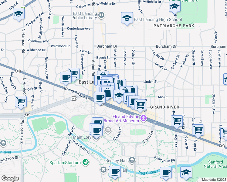 map of restaurants, bars, coffee shops, grocery stores, and more near 301 M. A. C. Avenue in East Lansing