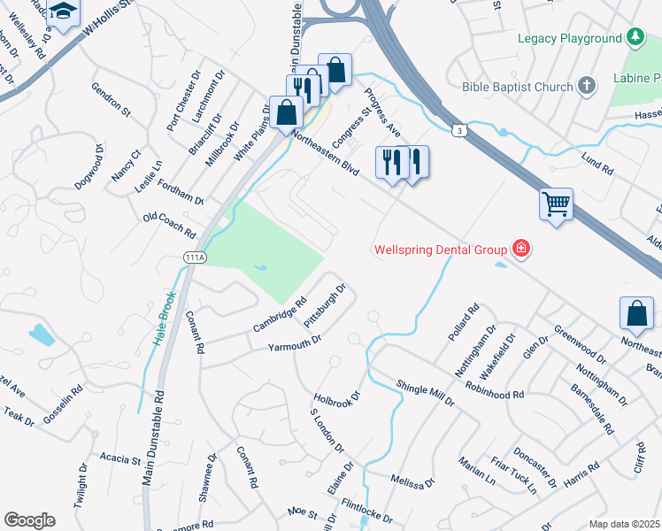 map of restaurants, bars, coffee shops, grocery stores, and more near 40 Cambridge Road in Nashua
