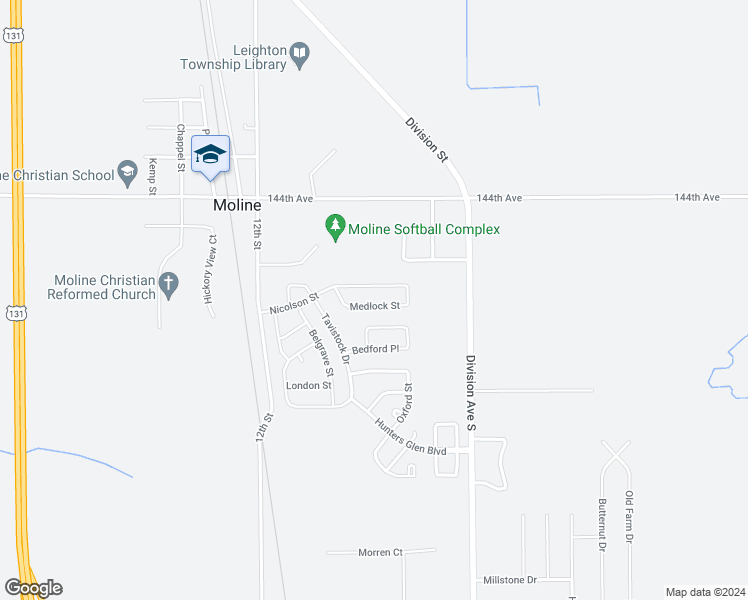 map of restaurants, bars, coffee shops, grocery stores, and more near 1139 Medlock Street in Wayland