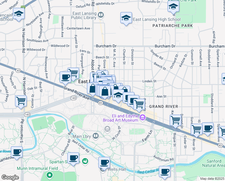 map of restaurants, bars, coffee shops, grocery stores, and more near 301 M. A. C. Avenue in East Lansing
