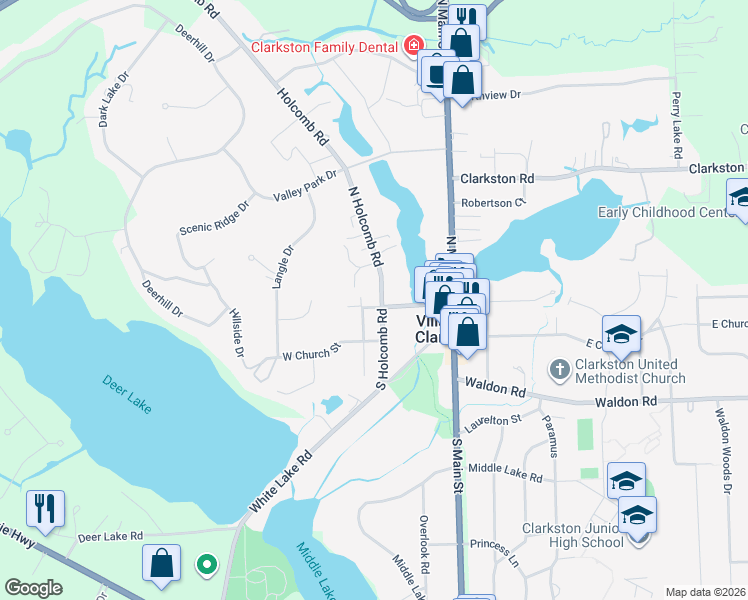 map of restaurants, bars, coffee shops, grocery stores, and more near 7 North Holcomb Road in Clarkston