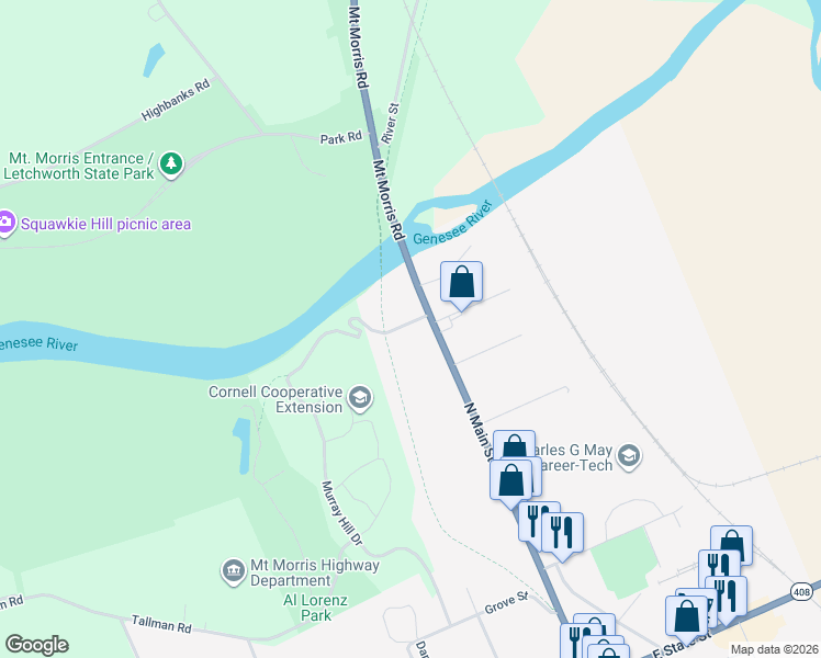 map of restaurants, bars, coffee shops, grocery stores, and more near 5 Sickles Street in Mount Morris