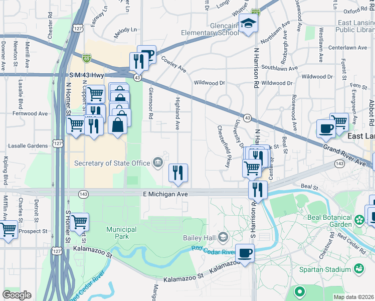 map of restaurants, bars, coffee shops, grocery stores, and more near 321 Cowley Avenue in East Lansing