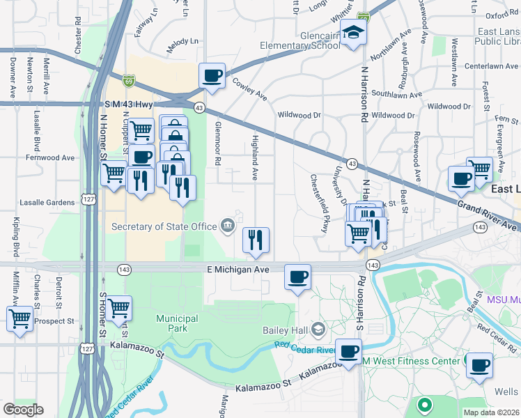 map of restaurants, bars, coffee shops, grocery stores, and more near 321 Cowley Avenue in East Lansing