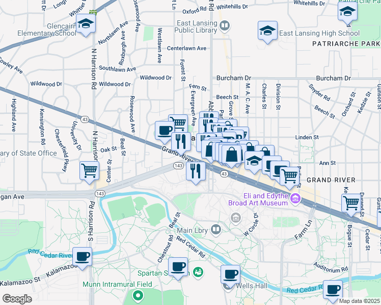 map of restaurants, bars, coffee shops, grocery stores, and more near 200 West Grand River Avenue in East Lansing
